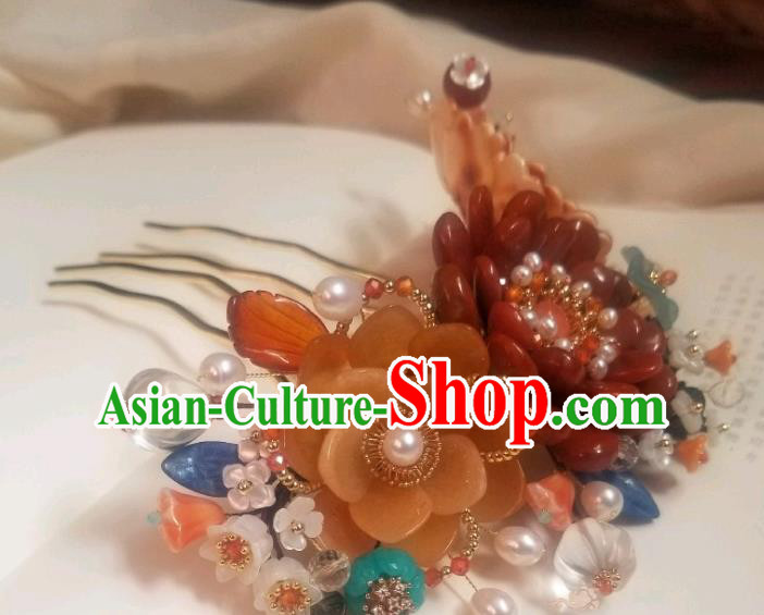 Chinese Handmade Pearls Hair Comb Traditional Ming Dynasty Princess Red Peony Hair Crown Chinese Handmade Pearls Hair Comb Traditional Ming Dynasty Princess Red Peony Hair Crown