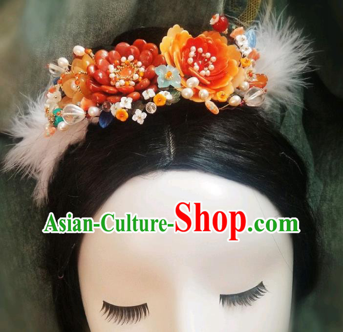 Chinese Handmade Pearls Hair Comb Traditional Ming Dynasty Princess Red Peony Hair Crown Chinese Handmade Pearls Hair Comb Traditional Ming Dynasty Princess Red Peony Hair Crown