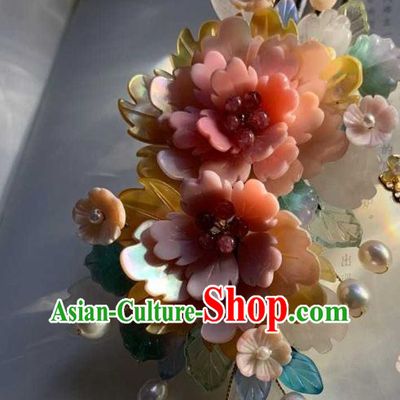 Chinese Handmade Shell Hair Stick Traditional Ming Dynasty Princess Pink Peony Hair Comb