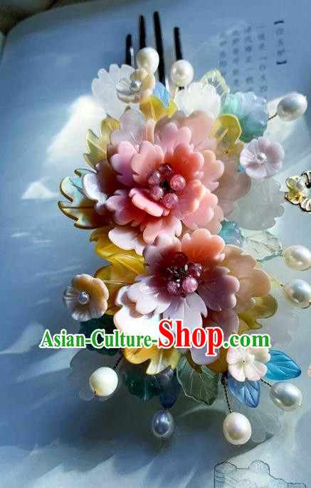 Chinese Handmade Shell Hair Stick Traditional Ming Dynasty Princess Pink Peony Hair Comb Chinese Handmade Shell Hair Stick Traditional Ming Dynasty Princess Pink Peony Hair Comb
