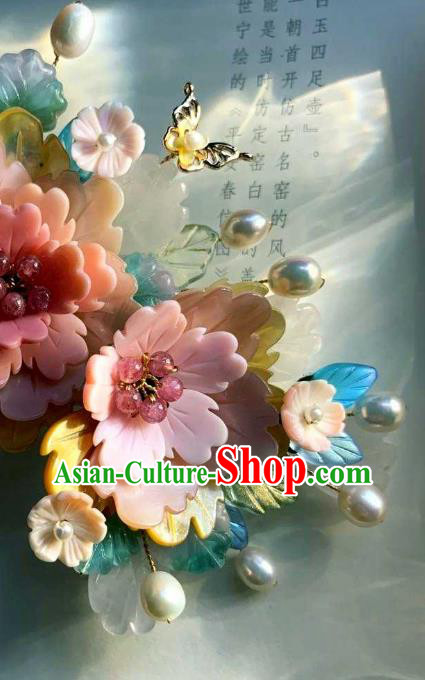 Chinese Handmade Shell Hair Stick Traditional Ming Dynasty Princess Pink Peony Hair Comb Chinese Handmade Shell Hair Stick Traditional Ming Dynasty Princess Pink Peony Hair Comb