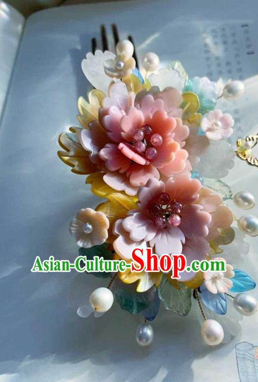 Chinese Handmade Shell Hair Stick Traditional Ming Dynasty Princess Pink Peony Hair Comb Chinese Handmade Shell Hair Stick Traditional Ming Dynasty Princess Pink Peony Hair Comb