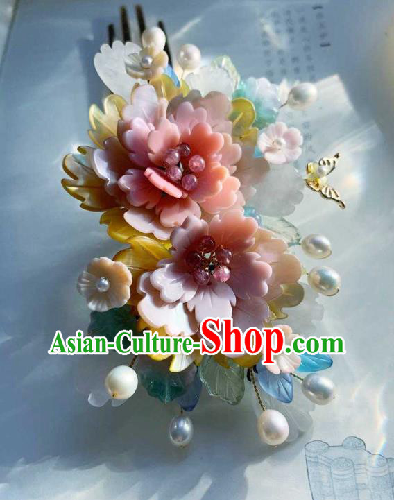 Chinese Handmade Shell Hair Stick Traditional Ming Dynasty Princess Pink Peony Hair Comb Chinese Handmade Shell Hair Stick Traditional Ming Dynasty Princess Pink Peony Hair Comb