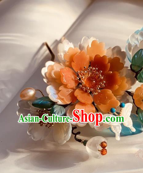 Chinese Handmade Shell Butterfly Hair Stick Traditional Ming Dynasty Princess Red Peony Hairpin Chinese Handmade Shell Butterfly Hair Stick Traditional Ming Dynasty Princess Red Peony Hairpin