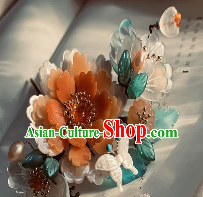 Chinese Handmade Shell Butterfly Hair Stick Traditional Ming Dynasty Princess Red Peony Hairpin Chinese Handmade Shell Butterfly Hair Stick Traditional Ming Dynasty Princess Red Peony Hairpin