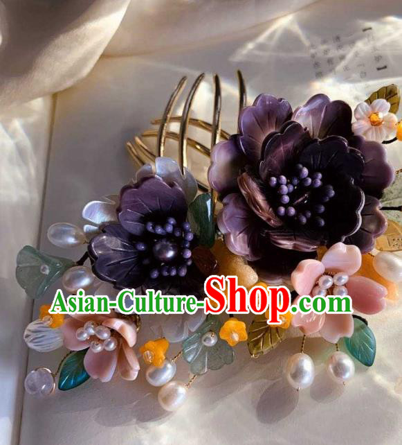Chinese Handmade Shell Flowers Hair Stick Traditional Ming Dynasty Princess Purple Peony Hair Comb Chinese Handmade Shell Flowers Hair Stick Traditional Ming Dynasty Princess Purple Peony Hair Comb