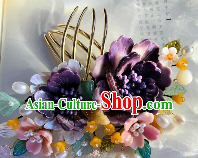 Chinese Handmade Shell Flowers Hair Stick Traditional Ming Dynasty Princess Purple Peony Hair Comb Chinese Handmade Shell Flowers Hair Stick Traditional Ming Dynasty Princess Purple Peony Hair Comb