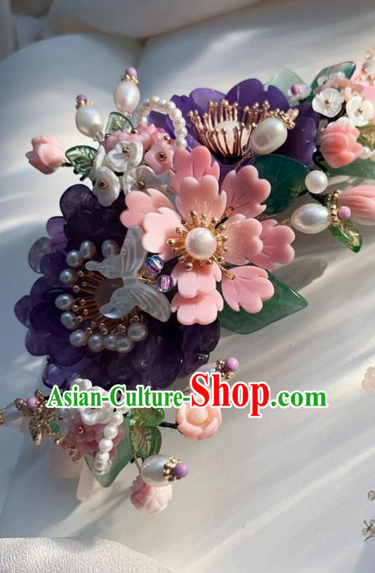 Chinese Handmade Purple Shell Peony Hair Stick Traditional Ming Dynasty Princess Pearls Butterfly Hairpin Chinese Handmade Purple Shell Peony Hair Stick Traditional Ming Dynasty Princess Pearls Butterfly Hairpin
