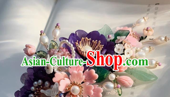 Chinese Handmade Purple Shell Peony Hair Stick Traditional Ming Dynasty Princess Pearls Butterfly Hairpin Chinese Handmade Purple Shell Peony Hair Stick Traditional Ming Dynasty Princess Pearls Butterfly Hairpin