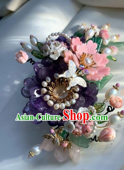 Chinese Handmade Purple Shell Peony Hair Stick Traditional Ming Dynasty Princess Pearls Butterfly Hairpin Chinese Handmade Purple Shell Peony Hair Stick Traditional Ming Dynasty Princess Pearls Butterfly Hairpin
