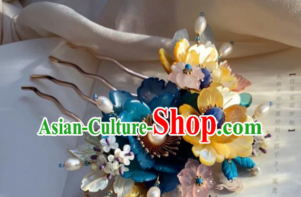 Chinese Handmade Lapis Pearls Hairpin Traditional Ming Dynasty Princess Shell Flowers Tassel Hair Comb Chinese Handmade Lapis Pearls Hairpin Traditional Ming Dynasty Princess Shell Flowers Tassel Hair Comb