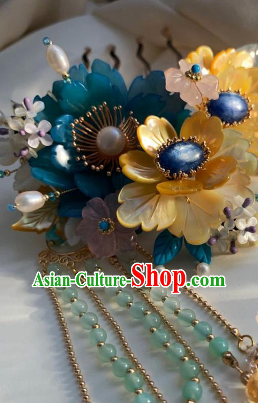 Chinese Handmade Lapis Pearls Hairpin Traditional Ming Dynasty Princess Shell Flowers Tassel Hair Comb Chinese Handmade Lapis Pearls Hairpin Traditional Ming Dynasty Princess Shell Flowers Tassel Hair Comb