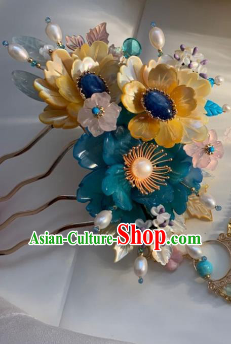 Chinese Handmade Lapis Pearls Hairpin Traditional Ming Dynasty Princess Shell Flowers Tassel Hair Comb Chinese Handmade Lapis Pearls Hairpin Traditional Ming Dynasty Princess Shell Flowers Tassel Hair Comb