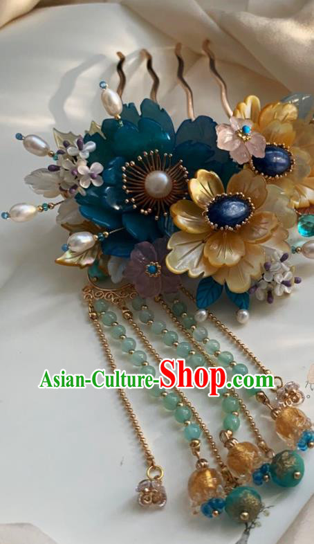 Chinese Handmade Lapis Pearls Hairpin Traditional Ming Dynasty Princess Shell Flowers Tassel Hair Comb Chinese Handmade Lapis Pearls Hairpin Traditional Ming Dynasty Princess Shell Flowers Tassel Hair Comb