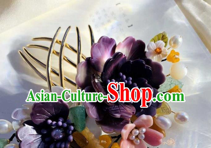 Chinese Handmade Shell Flowers Hair Stick Traditional Ming Dynasty Princess Purple Peony Hair Comb Chinese Handmade Shell Flowers Hair Stick Traditional Ming Dynasty Princess Purple Peony Hair Comb
