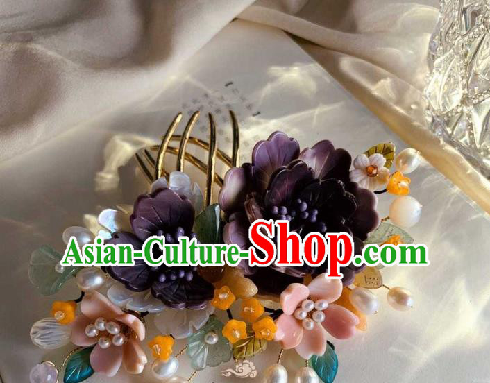 Chinese Handmade Shell Flowers Hair Stick Traditional Ming Dynasty Princess Purple Peony Hair Comb Chinese Handmade Shell Flowers Hair Stick Traditional Ming Dynasty Princess Purple Peony Hair Comb