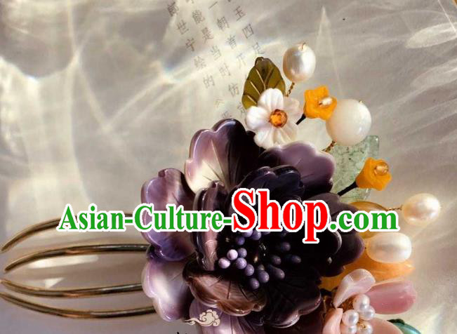 Chinese Handmade Shell Flowers Hair Stick Traditional Ming Dynasty Princess Purple Peony Hair Comb Chinese Handmade Shell Flowers Hair Stick Traditional Ming Dynasty Princess Purple Peony Hair Comb