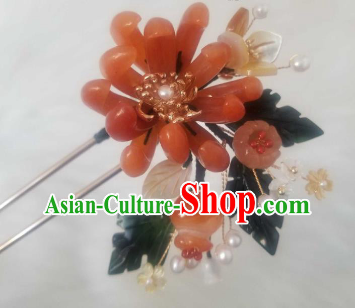 Chinese Handmade Red Chrysanthemum Hairpin Traditional Ming Dynasty Princess Ceregat Pearls Hair Stick Chinese Handmade Red Chrysanthemum Hairpin Traditional Ming Dynasty Princess Ceregat Pearls Hair Stick