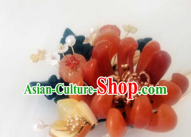 Chinese Handmade Red Chrysanthemum Hairpin Traditional Ming Dynasty Princess Ceregat Pearls Hair Stick Chinese Handmade Red Chrysanthemum Hairpin Traditional Ming Dynasty Princess Ceregat Pearls Hair Stick