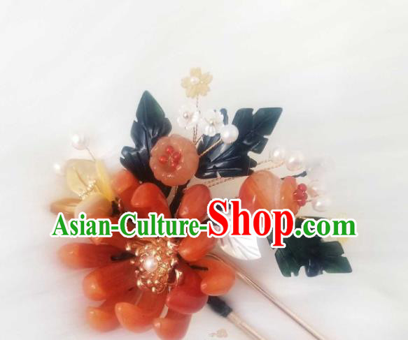 Chinese Handmade Red Chrysanthemum Hairpin Traditional Ming Dynasty Princess Ceregat Pearls Hair Stick Chinese Handmade Red Chrysanthemum Hairpin Traditional Ming Dynasty Princess Ceregat Pearls Hair Stick