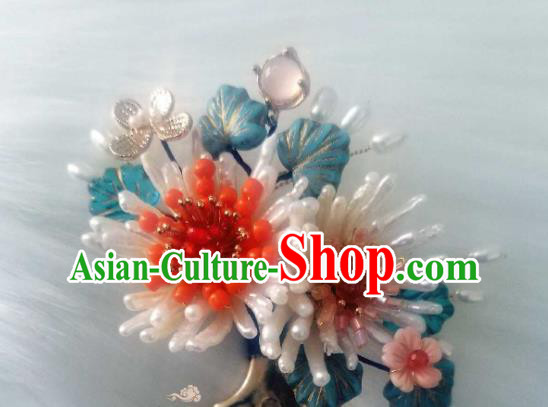 Chinese Handmade Pearls Chrysanthemum Hairpin Traditional Song Dynasty Empress Hair Comb Chinese Handmade Pearls Chrysanthemum Hairpin Traditional Song Dynasty Empress Hair Comb
