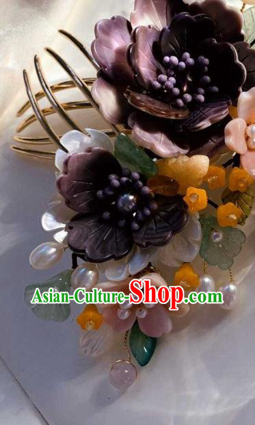 Chinese Handmade Shell Flowers Hair Stick Traditional Ming Dynasty Princess Purple Peony Hair Comb Chinese Handmade Shell Flowers Hair Stick Traditional Ming Dynasty Princess Purple Peony Hair Comb