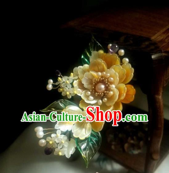 Chinese Handmade Yellow Shell Peony Hairpin Traditional Ming Dynasty Osmanthus Hair Stick Chinese Handmade Yellow Shell Peony Hairpin Traditional Ming Dynasty Osmanthus Hair Stick