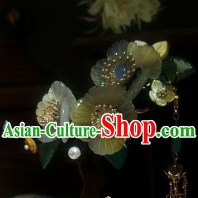 Chinese Handmade Shell Flowers Hairpin Traditional Ming Dynasty Pearls Tassel Hair Stick