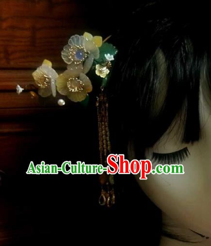 Chinese Handmade Shell Flowers Hairpin Traditional Ming Dynasty Pearls Tassel Hair Stick