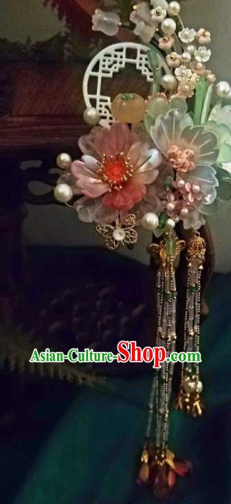 Chinese Handmade Beads Tassel Hairpin Traditional Ming Dynasty Princess Shell Peony Hair Stick Chinese Handmade Beads Tassel Hairpin Traditional Ming Dynasty Princess Shell Peony Hair Stick