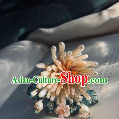 Chinese Handmade Pearls Hair Stick Traditional Song Dynasty Empress Shell Chrysanthemum Hairpin