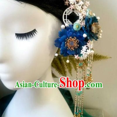 Chinese Handmade Blue Shell Peony Hairpin Traditional Ming Dynasty Princess Osmanthus Tassel Hair Stick