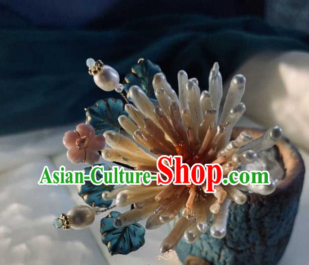 Chinese Handmade Pearls Hair Stick Traditional Song Dynasty Empress Shell Chrysanthemum Hairpin Chinese Handmade Pearls Hair Stick Traditional Song Dynasty Empress Shell Chrysanthemum Hairpin