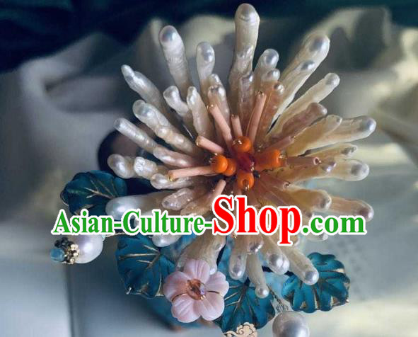Chinese Handmade Pearls Hair Stick Traditional Song Dynasty Empress Shell Chrysanthemum Hairpin Chinese Handmade Pearls Hair Stick Traditional Song Dynasty Empress Shell Chrysanthemum Hairpin