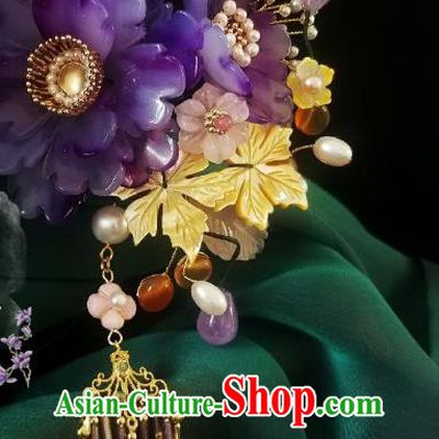 Chinese Handmade Purple Peony Hairpin Traditional Ming Dynasty Princess Pearls Tassel Hair Clip