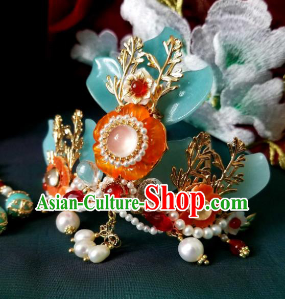 Chinese Handmade Pearls Hairpin Traditional Song Dynasty Princess Orange Chalcedony Hair Crown Chinese Handmade Pearls Hairpin Traditional Song Dynasty Princess Orange Chalcedony Hair Crown