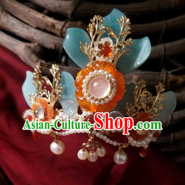 Chinese Handmade Pearls Hairpin Traditional Song Dynasty Princess Orange Chalcedony Hair Crown Chinese Handmade Pearls Hairpin Traditional Song Dynasty Princess Orange Chalcedony Hair Crown