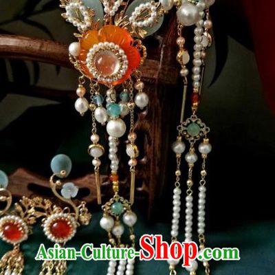 Chinese Handmade Pearls Tassel Hairpin Traditional Song Dynasty Princess Orange Chalcedony Plum Hair Stick