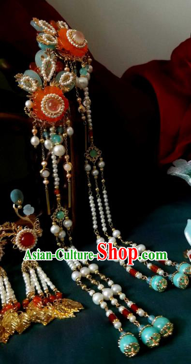 Chinese Handmade Pearls Tassel Hairpin Traditional Song Dynasty Princess Orange Chalcedony Plum Hair Stick Chinese Handmade Pearls Tassel Hairpin Traditional Song Dynasty Princess Orange Chalcedony Plum Hair Stick
