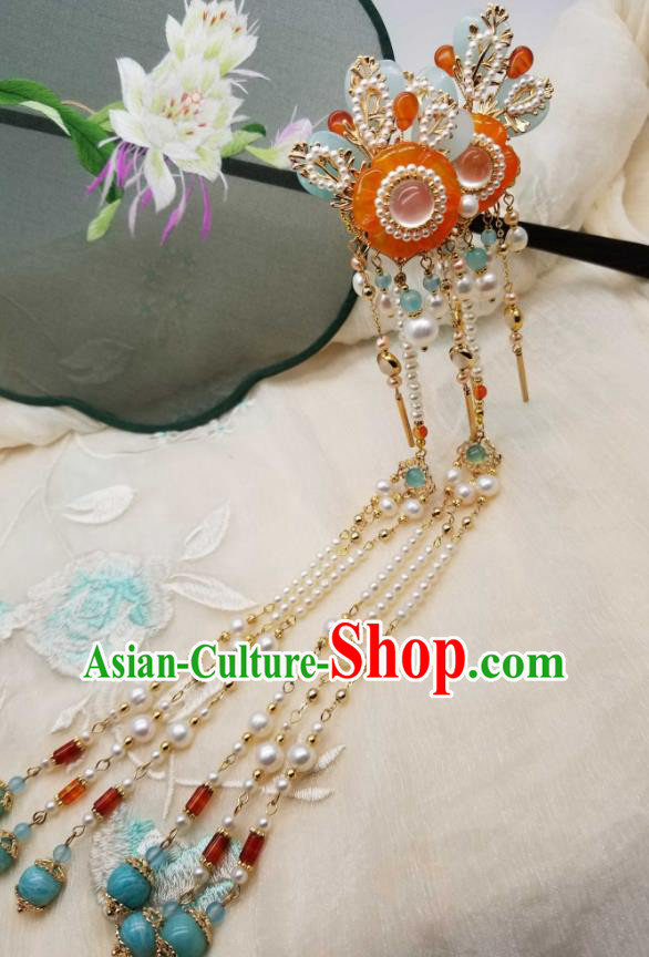 Chinese Handmade Pearls Tassel Hairpin Traditional Song Dynasty Princess Orange Chalcedony Plum Hair Stick Chinese Handmade Pearls Tassel Hairpin Traditional Song Dynasty Princess Orange Chalcedony Plum Hair Stick