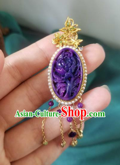 China Traditional Carving Peony Necklace Pendant Accessories Handmade Amethyst Tassel Necklet China Traditional Carving Peony Necklace Pendant Accessories Handmade Amethyst Tassel Necklet