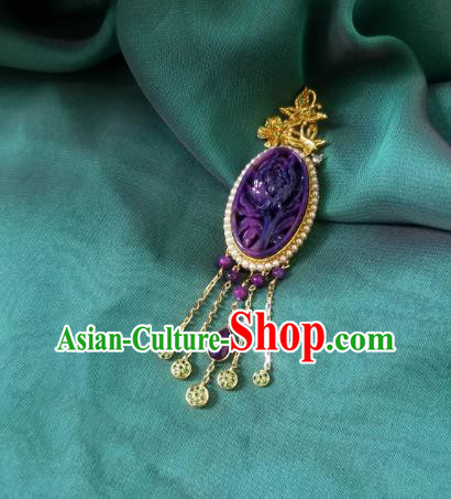 China Traditional Carving Peony Necklace Pendant Accessories Handmade Amethyst Tassel Necklet China Traditional Carving Peony Necklace Pendant Accessories Handmade Amethyst Tassel Necklet