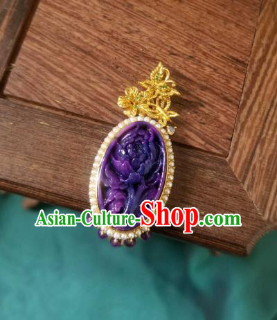 China Traditional Carving Peony Necklace Pendant Accessories Handmade Amethyst Tassel Necklet China Traditional Carving Peony Necklace Pendant Accessories Handmade Amethyst Tassel Necklet