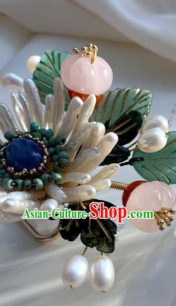 Chinese Handmade Shell Chrysanthemum Hair Stick Traditional Ming Dynasty Princess Rose Quartz Hairpin Chinese Handmade Shell Chrysanthemum Hair Stick Traditional Ming Dynasty Princess Rose Quartz Hairpin