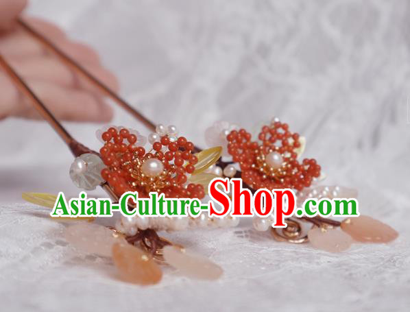Chinese Handmade Red Beads Hairpin Traditional Ming Dynasty Princess Shell Leaf Hair Stick Chinese Handmade Red Beads Hairpin Traditional Ming Dynasty Princess Shell Leaf Hair Stick