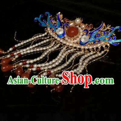 Chinese Traditional Ming Dynasty Blueing Phoenix Hair Stick Handmade Agate Tassel Hairpin