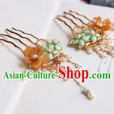 Chinese Handmade Plum Blossom Hair Comb Traditional Ming Dynasty Princess Pearls Tassel Hairpin