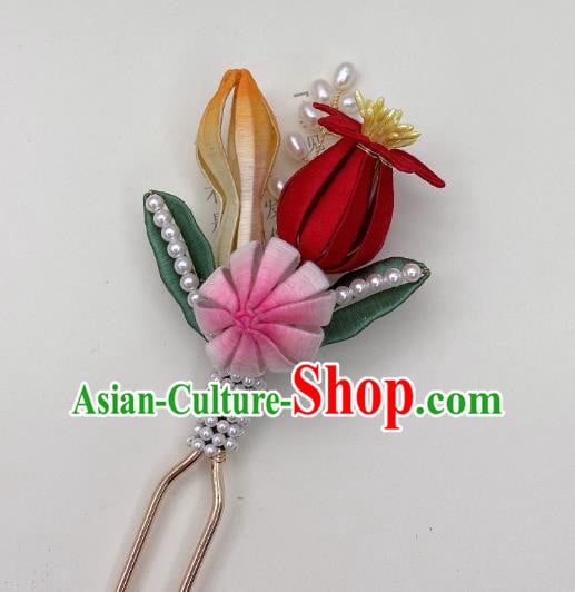 Chinese Handmade Silk Flowers Hair Stick Traditional Song Dynasty Princess Pearls Hairpin Chinese Handmade Silk Flowers Hair Stick Traditional Song Dynasty Princess Pearls Hairpin