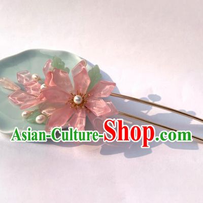 Chinese Handmade Peach Pink Flowers Hairpin Traditional Ming Dynasty Princess Hair Clip