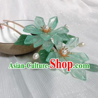 Chinese Handmade Green Mangnolia Hairpin Traditional Ming Dynasty Pearls Hair Clip